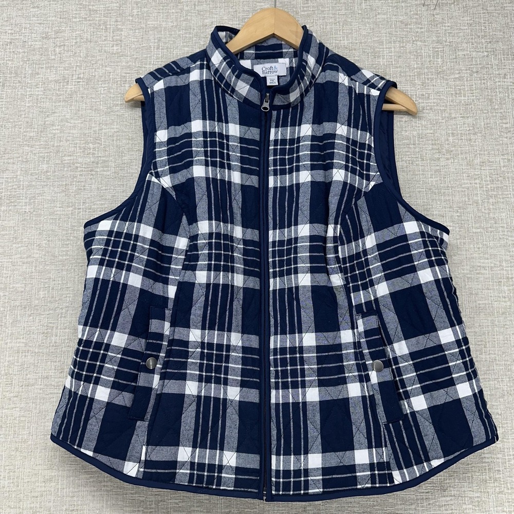 Croft & Barrow Vest Womens PXL Blue Plaid Quilted Full Zip Flannel‎ Mock Neck